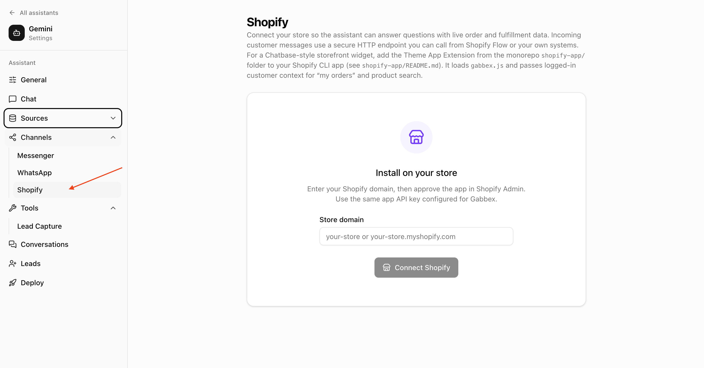 Gabbex Shopify channel: store field, connect button, and connected state