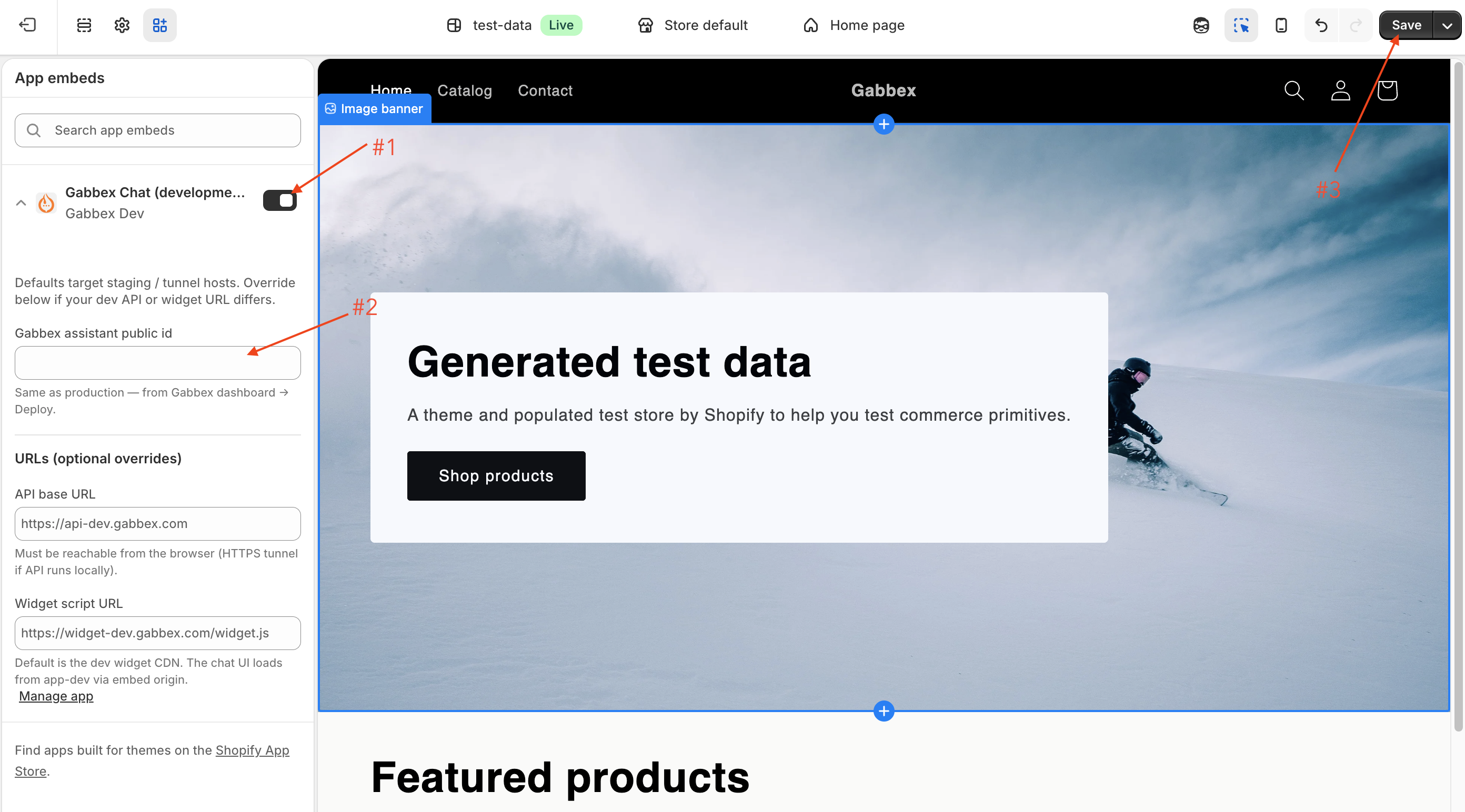 Gabbex Chat app embed: toggle on and assistant public id field filled in